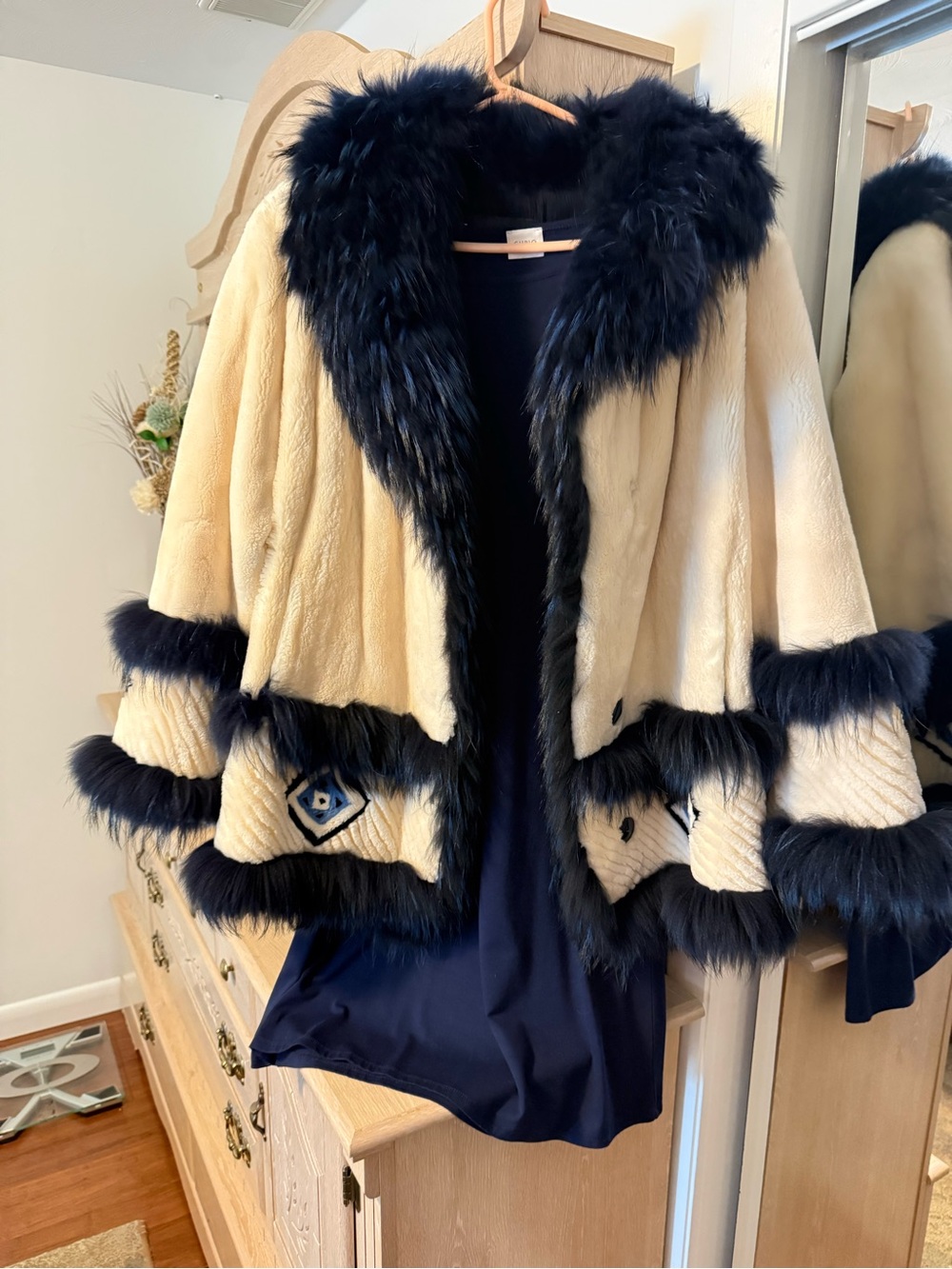 Cream Velvet & Fur Jacket with Blue/Black Fur Trim - Women's Coat